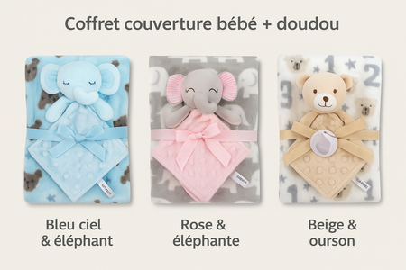 🐘🧸 Couverture bébé + doudou peluche – Coffret douceur 0-12 mois