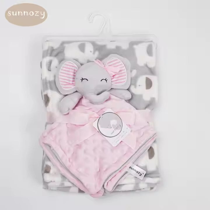 🐘🧸 Couverture bébé + doudou peluche – Coffret douceur 0-12 mois
