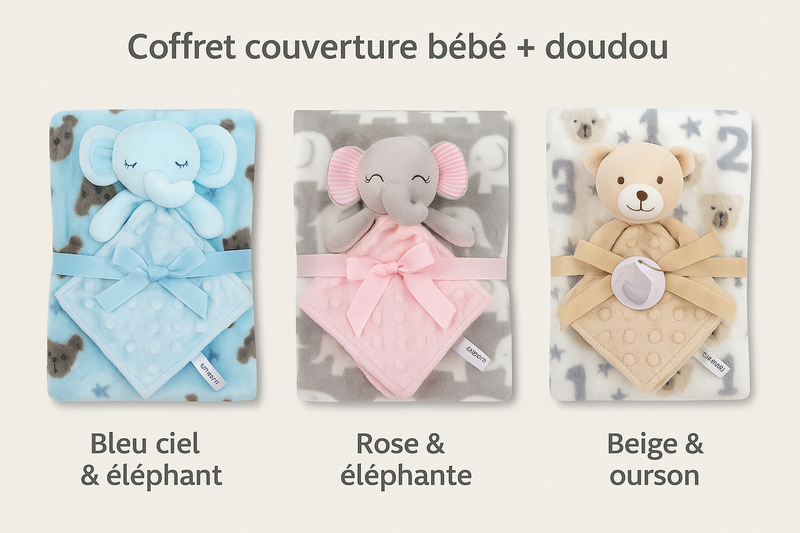 🐘🧸 Couverture bébé + doudou peluche – Coffret douceur 0-12 mois