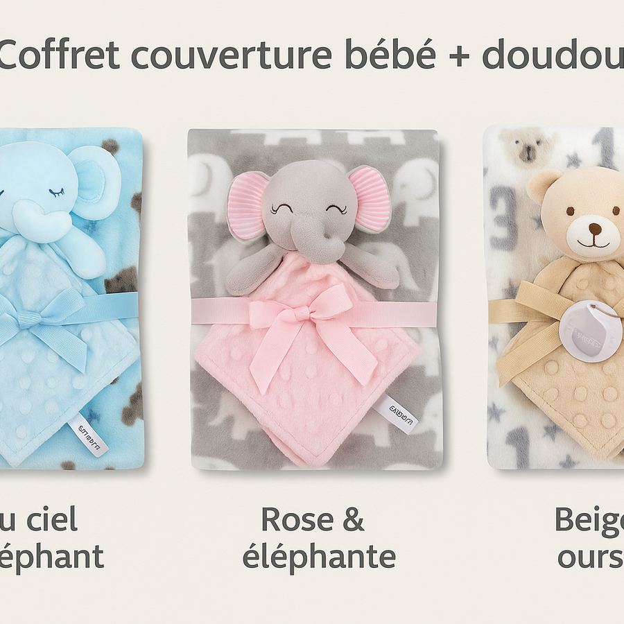 🐘🧸 Couverture bébé + doudou peluche – Coffret douceur 0-12 mois