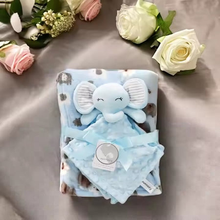 🐘🧸 Couverture bébé + doudou peluche – Coffret douceur 0-12 mois